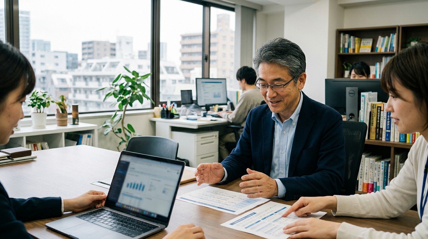 従業員と面談する中小企業の経営者