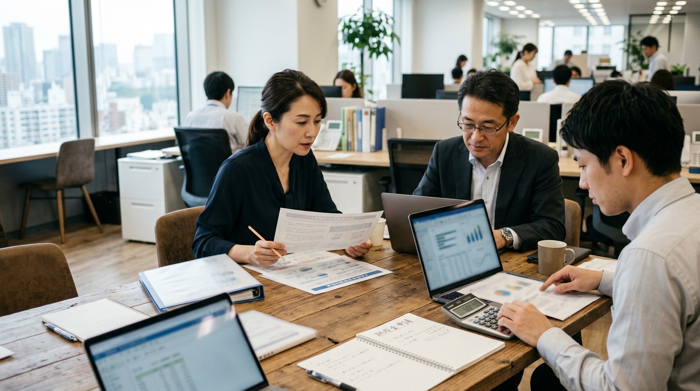 複数のコースを比較検討する資料とノートパソコン